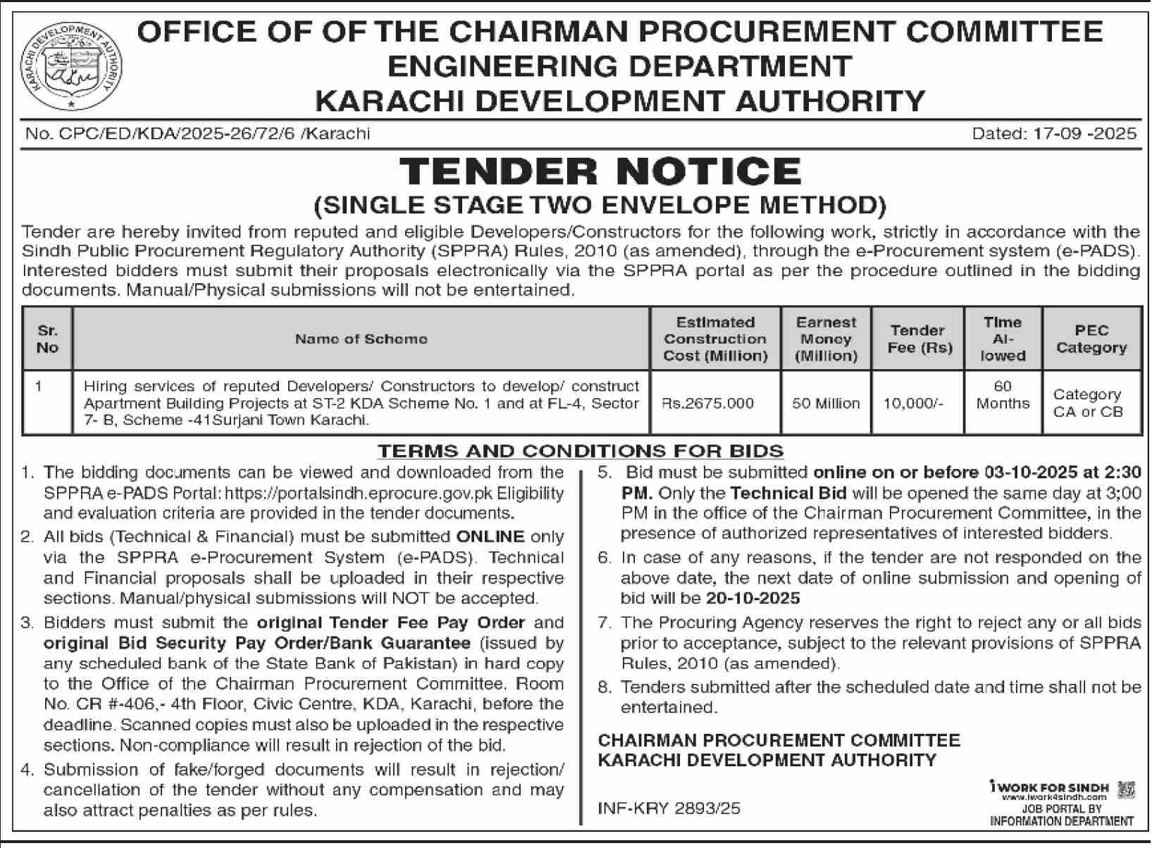 Karachi Development Authority Tender Notice